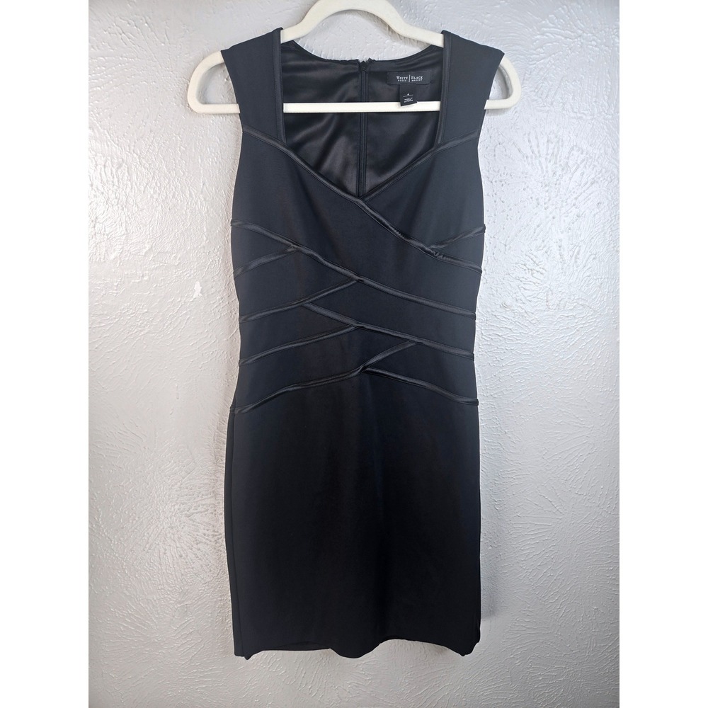 WHBM Bodycon Mini Dress Sz 4 Black Sleeveless Satin Trim Edgy Goth Cocktail LBD